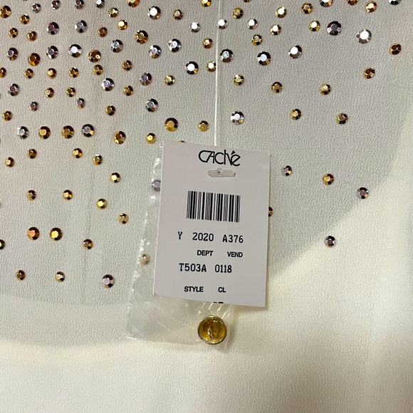NWT Cache sheer white gold silver studded cold shoulder, slit back blouse, sz XL - Picture 9 of 9